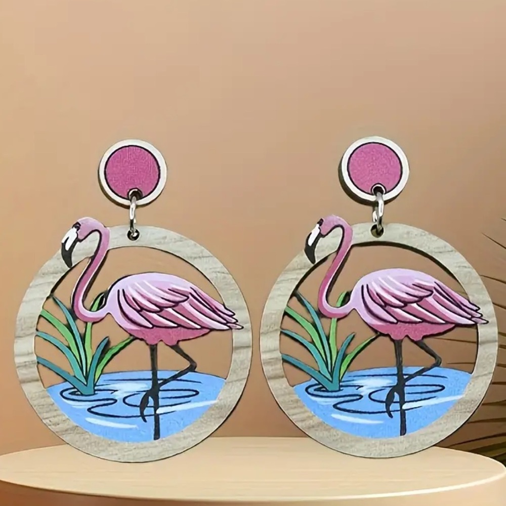 Pink Flamingo Dangle Wooden Laser Cut Post Earrings - Picture 1 of 5